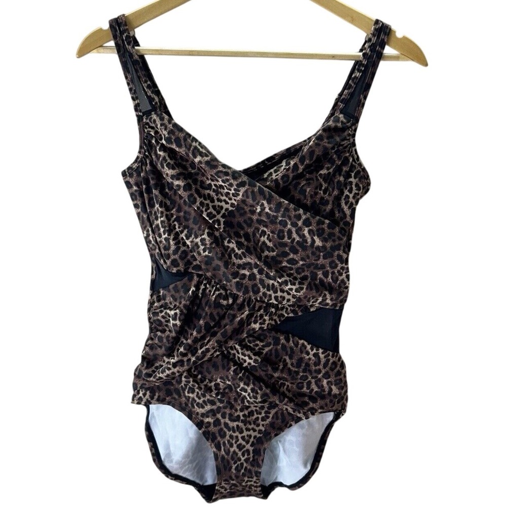 Ruby Ribbon Womens One Piece Swimsuit 6 Brown Leopard Ruched‎ Mesh Palm Beach